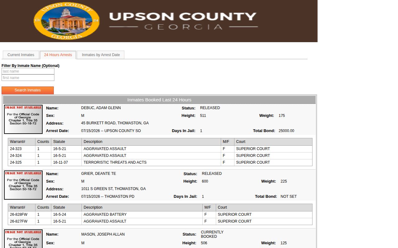Upson County Inmates Booked Last 24 Hours roster view