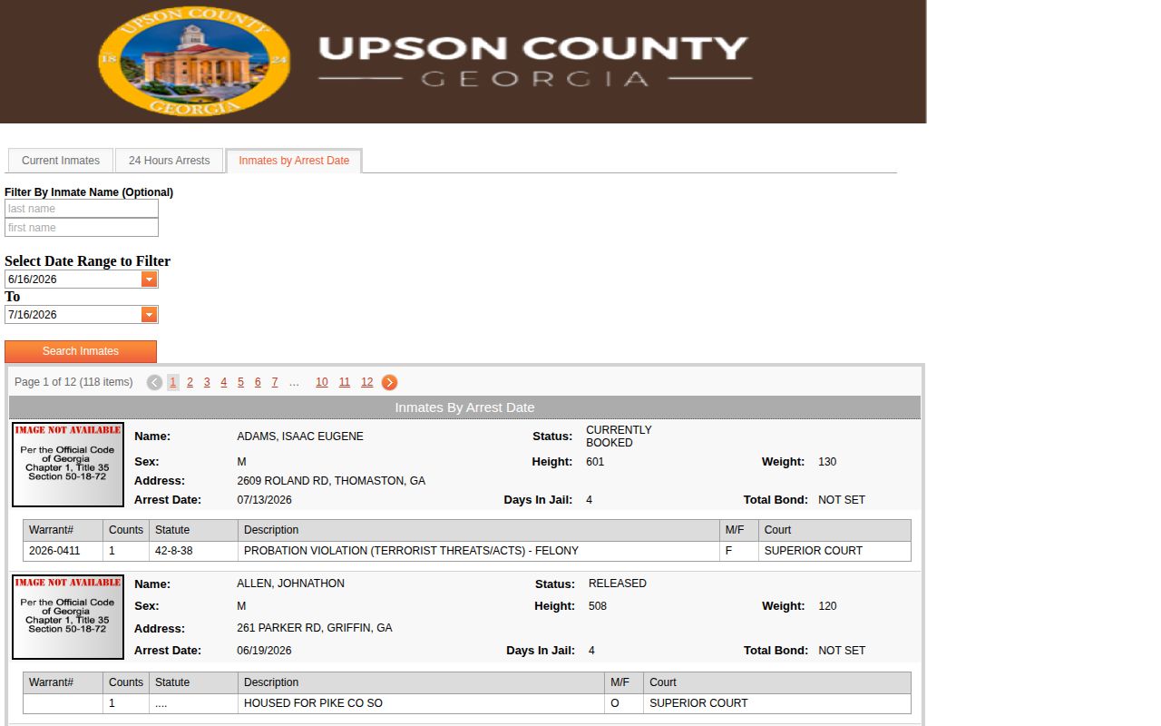 Upson County inmates by arrest date search used for a 72-hour release check